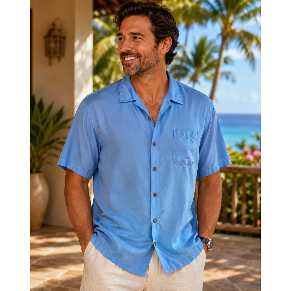 Tommy Bahama Mens XL Blue 100% Silk Camp Shirt Coconut luxury old money resort